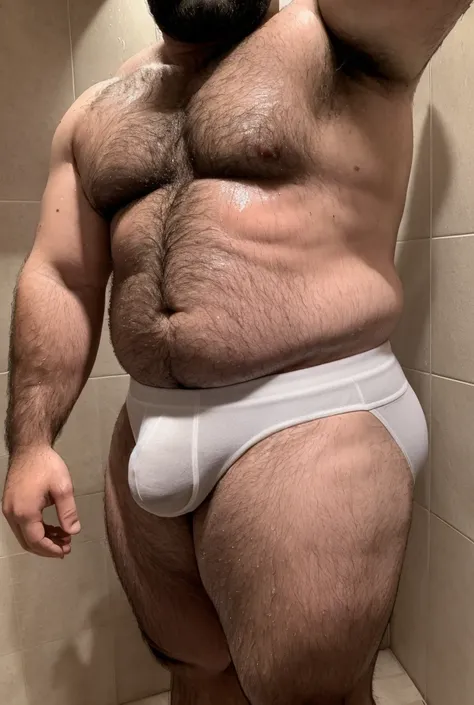 very realistic hairy body beefy bulky big middle aged Mexican bear dad big chest big pecs gigantic lumpy long bulge and balls stretched out buff strong in tight underwear that are wet and sweaty full body chest and very hairy body and very hairy armpits ta...