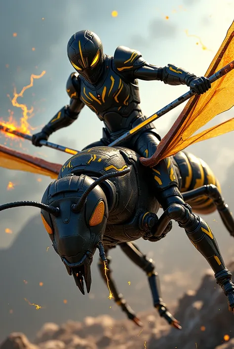 A warrior in black armor with yellow accents, wielding an electric lance, riding a menacing wasp in the midst of aerial combat.
