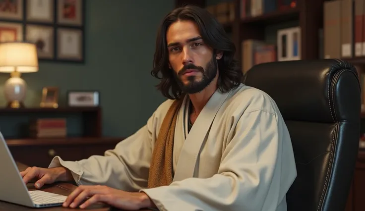 Handsome Jesus sitting on a chair in a professional office talking to the camera without a mouth