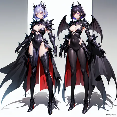 (((masterpiece, best quality, high detailed, 16k))) (1girl) A mysteriously alluring woman with short spiky purple hair and piercing violet eyes. She wears an ethereal, shadow-like armor that shifts and moves like smoke. Black, feathered wings emerge from h...