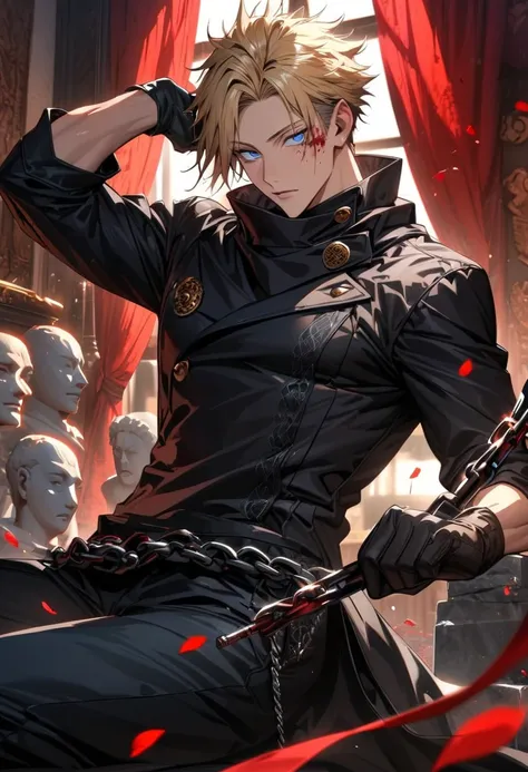 Ultra detailed, Highres, HDR, absurdres, master piece, blond hair, blue eyes, black scarf, black leather long coat with patterns, black pants, black tight shirt, sexy man, extremely handsome, solo, very detailed face, Jujutsu Kaisen, splattered blood, wind...