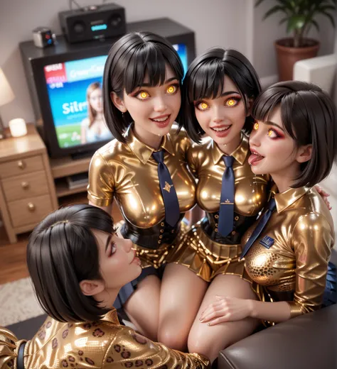 4 girls,    In extremely tight-fitting  , glittering ,  golden latex polo shirt   , bob cut,    black hair , Lens reflection,    reflective light   ,    high resolution ,    masterpiece,     sitting at the television in the apartment, startled,   glowing e...