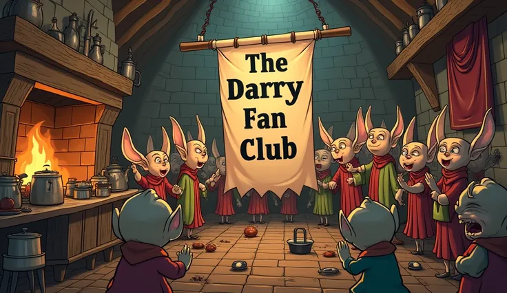 Large old fashioned kitchen filled with large ears elfs, all pledging allegiance, with a banner saying "DARRY FAN CLUB" 