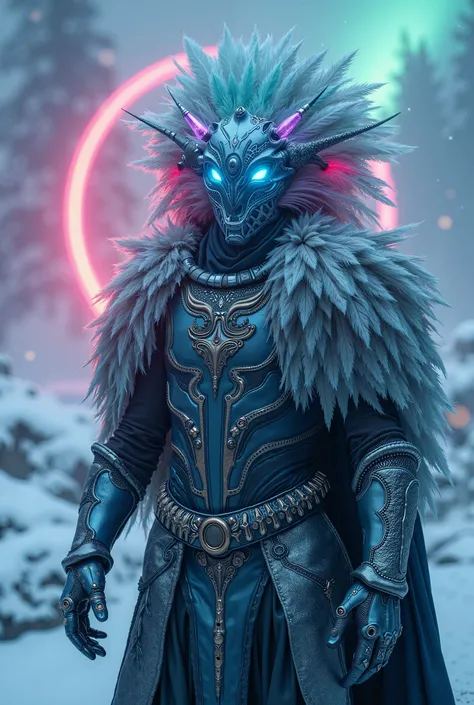 breathtaking cinematic science fiction photo of the multicoloured feather a non human masked Grim dressed as a futuristic mythic multicoloured feather dressed as The futuristic mythic multicoloured feather covered in snow completely masked with no humanlik...