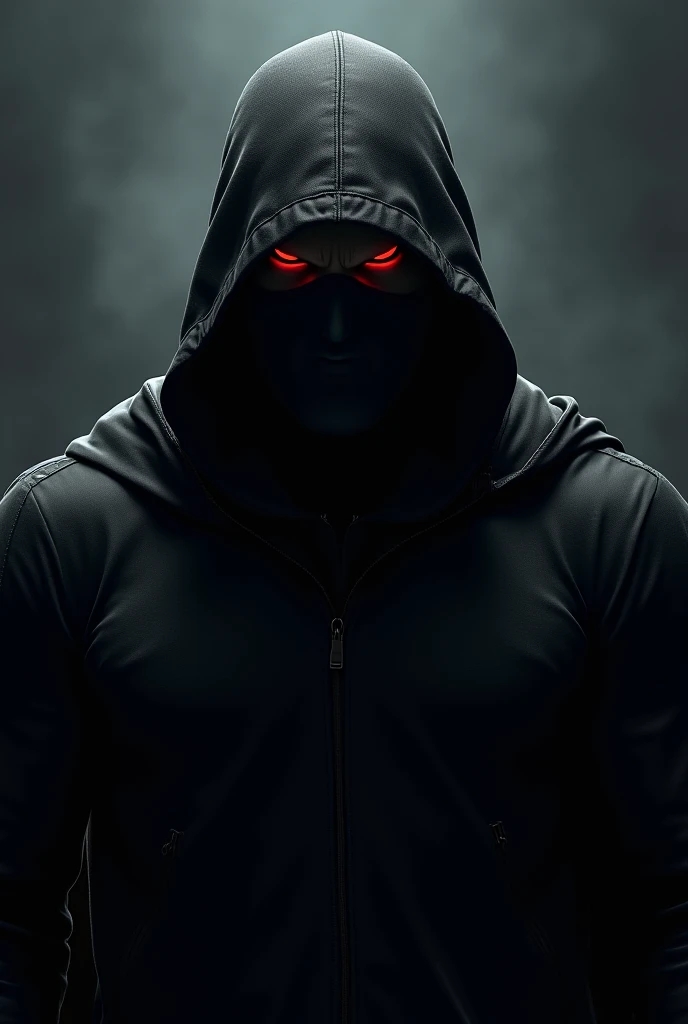 a man in a black mask and hudi jacket with angry red eyes dengan gaya berotot