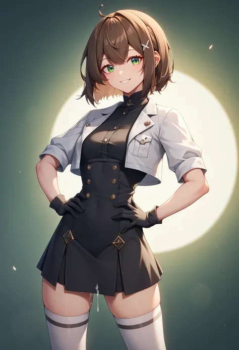 masterpiece,  top quality ,   GREAT QUALITY ,  very aesthetic ,  absurd,   put your hands on your hips, smile,  
  1 girl,akino ,medium hair,brown hair,green eyes,
 poliucos ,black dress,black gloves,white cropped jacket,black thighhighs,( rezei ),dripping...