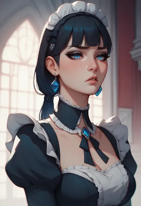 
 Maid with an sad look and a tender face with long straight black hair with a bluish sheen, with bangs,  blue eyes, PIEL BLANCA,  low-cut sievienta clothing ,  gothic city environment ,  illustration style, cartoons 