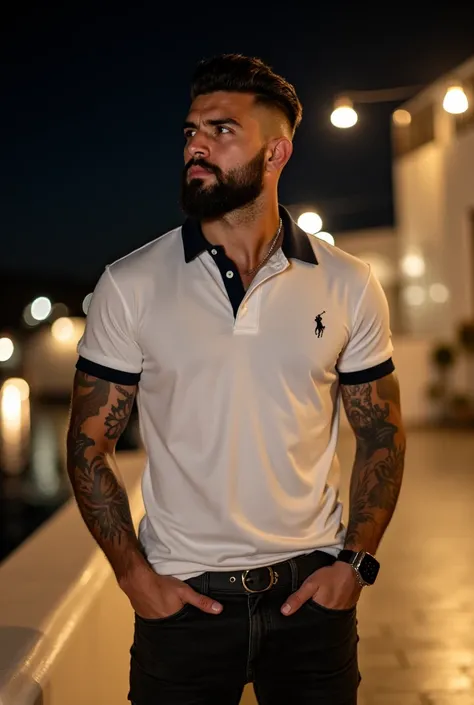 Focus on a man posing with his hands in his pockets looking at a relaxed moment, and with a shadow of the night light reflecting on him .  The atmosphere at night in Santorini , The man ,tall and has a curved beard and a marked jaw, he has a very strong ph...