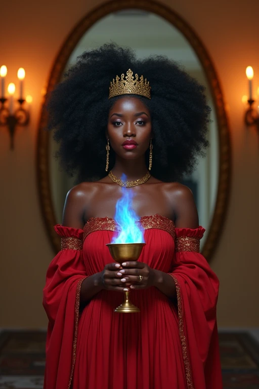 An African fantasy setting
A Dark skinned woman of african background, with a soft beautiful face and plump pink lips. A gold tiara rests on her head surronded by thick louscius hair. She dressed in a long red gown with long and wide sleeves.
Gold necklace...