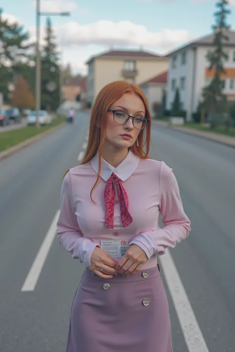 Ultra realistic 4k image of russian girl wearing shirt & mini skirt with red hairs & spectacles With Big  standing on road facing towards camera with closeup look