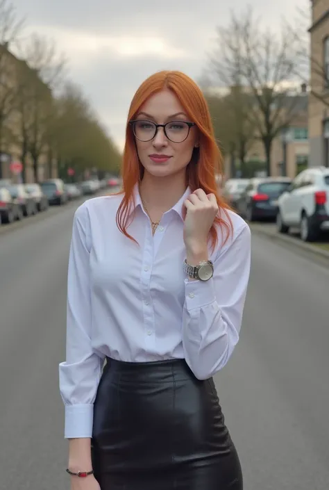 Ultra realistic 4k image of russian girl wearing shirt & mini skirt with red hairs & spectacles With Big  standing on road facing towards camera with closeup look