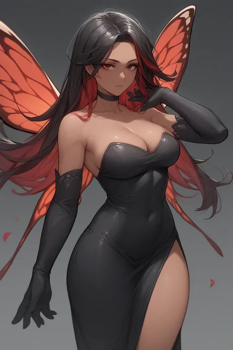 Mature woman,dark skin, long hair, red highlights, black hair, long gloves,,Anime style,Red butterfly wings, black tight dress