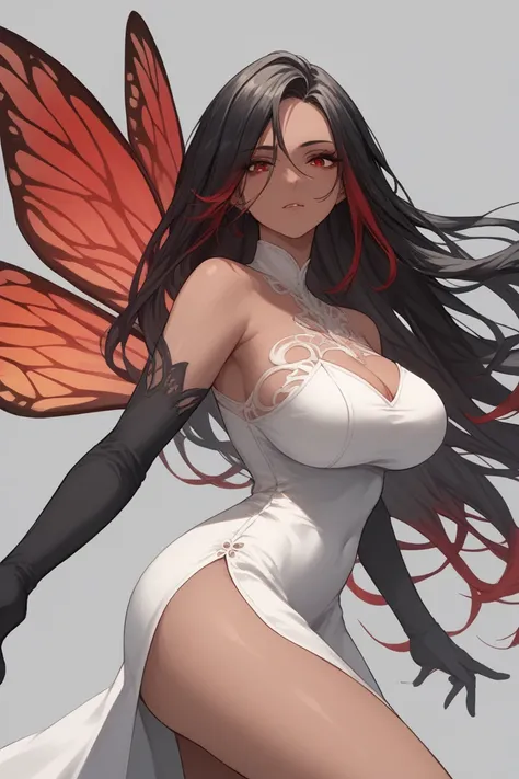 Mature woman,dark skin, long hair, red highlights, black hair, long gloves,,Anime style,Red butterfly wings, black tight dress