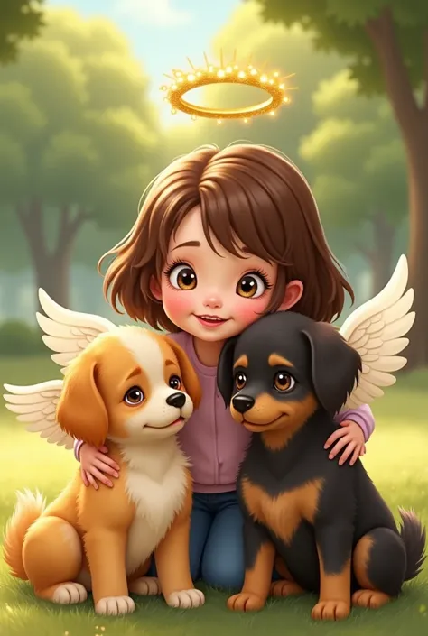 A very pretty 16-year-old girl with brown hair ,white test ,  and two puppies, one mustard and light yellow with angel wings and a golden aureole above the dogs head, light yellow and a black dog with a brown gradient, all animated in a park 