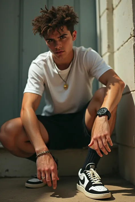 Man, teenager, white, very beautiful, random hair, random eyes, nose, mouth, ears, neck, arms, hands, legs, feet, random clothes, random accessories, random footwear, random position, in a random place, photography, random capture angle.