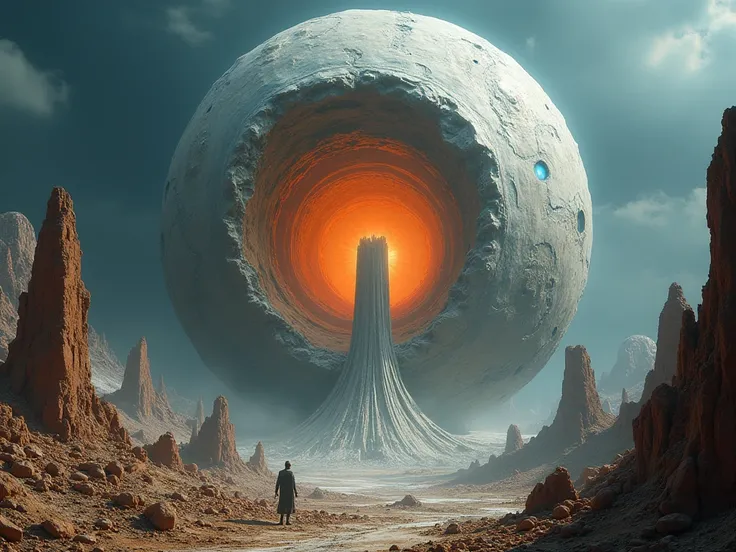 A grand, epic scene of a futuristic orb, crafted from layered papier-mâché, projects a hologram of a war-torn planet.  Massive scale, heroic elements, and intense lighting accentuate falling towers, receding se