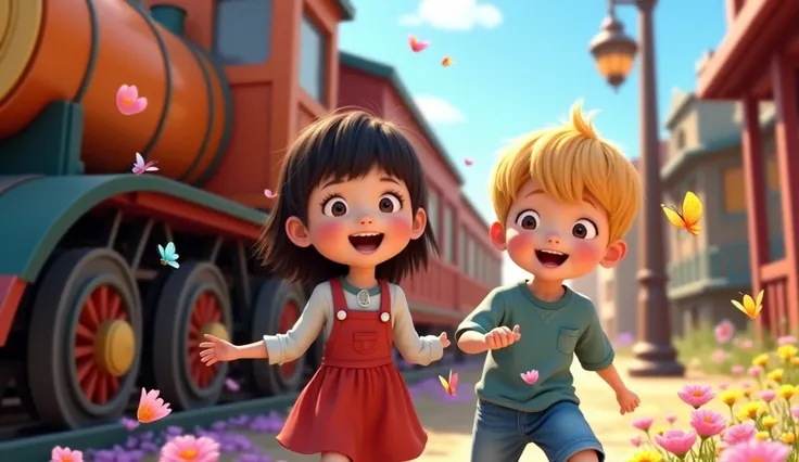 Two joyful ren, one boy and one girl, are playing by a colorful train with a happy face at the front. The train is surrounded by blooming flowers in bright colors like pink, yellow, and purple. The ren are running through the fields, laughing and chasing b...