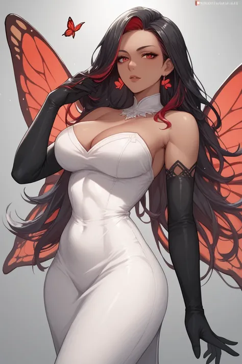 Mature woman,dark skin, long hair, red highlights, black hair, long gloves,Red eyes,Anime style,Red butterfly wings, black tight dress