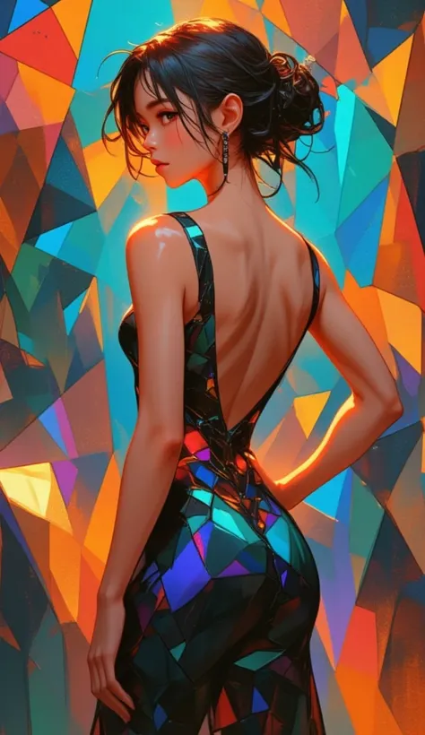 a woman dressed in a backless ballroom dress, the dress is form by polygonal shapes, the background of the image is made out of polygonal patterns