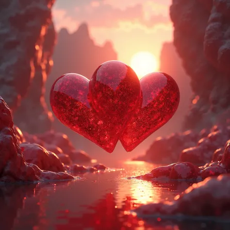 a surreal representation of two intertwined red hearts,  floating in a surreal landscape with vibrant colors . Leur surface est ornée de motifs complexes et hypnotiques,  reflecting soft light that accentuates their mesmerizing beauty . In the background, ...