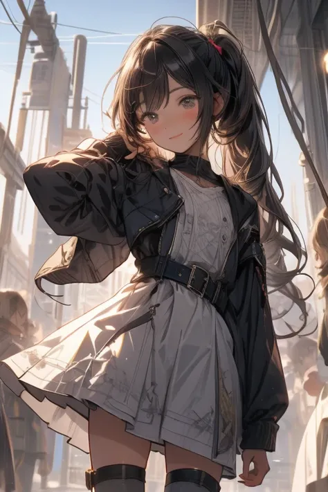 (from below:1.2),(perky chest:1.2), (pointed chest:1.2),(portrait), (1girl black hair, ponytail, brown eyes, happy smile, breath, closing eyes), (army coat, leotard, thighhighs, thigh holster), (fingerless gloves, boots), (standing, stretch, arms up), (out...