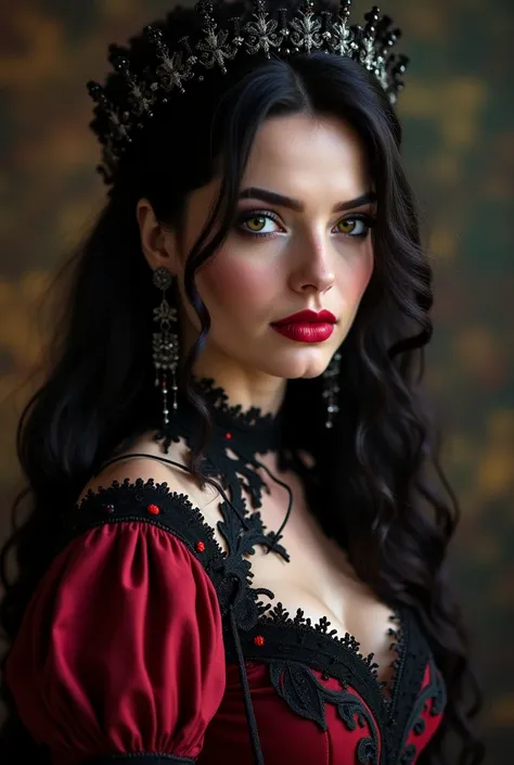 Carmilla Báthory’s appearance is a perfect fusion of aristocratic grace and vampiric allure. She wears elaborate, period-inspired gowns, often dark crimson or black, embroidered with intricate designs. Her long, dark hair cascades around her face, and her ...