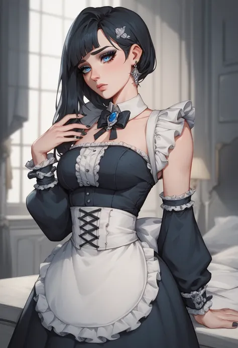 
 Maid with an sad look and a tender face with long straight black hair, mechas azules, cabello suelto, with bangs,  blue eyes, PIEL BLANCA,  low-cut sirvienta clothing ,  gothic city environment ,  illustration style, cartoons, pechos grandes