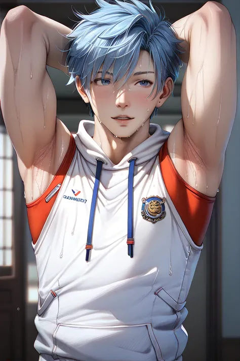 Sweat armpit, boy, sleeveless white hoodie, showing armpit, sunny day, anime, SDXL (1:2), detailed, HD