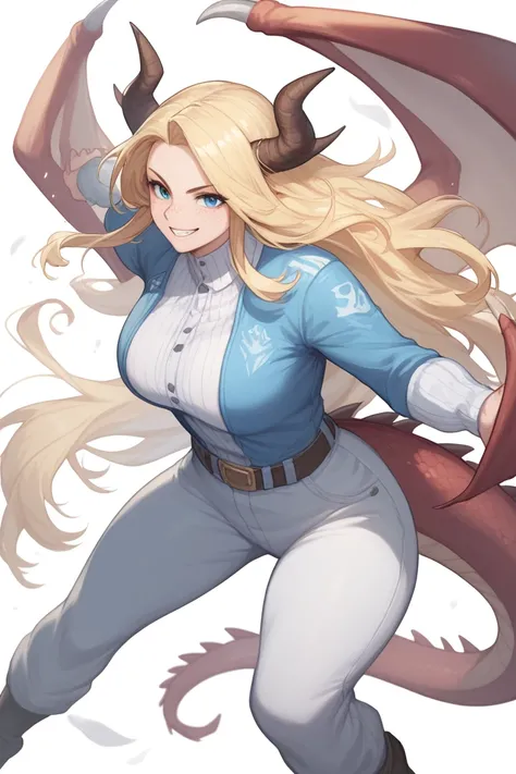 Mature woman, fair skin, long hair, Blonde hair,blue eyes, freckles, mischievous smile, Fighting clothes,,Anime style, Dragon wings 