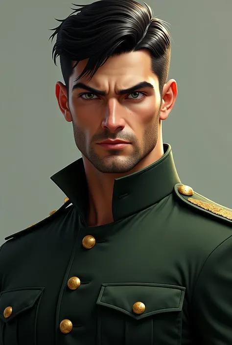  Young man  ,  green eyes ,  short black hair  , beard ,  muscular body   , marked facial features  ,
 square jaw  ,wearing a military suit  