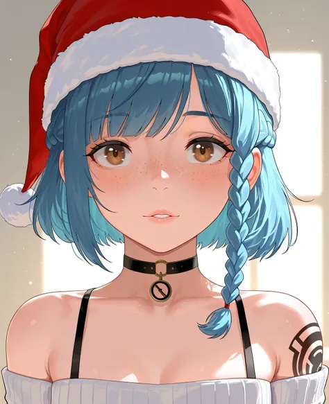 masterpiece, 1440p, 8k, UHD, amazing quality, high resolution, 1sh4, arcane, 1girl, she is a  , santa hat, hat, freckles, solo, braid, looking at viewer, choker, short hair, blue hair, tattoo, brown eyes, bangs, upper body, black choker, she is blushed.