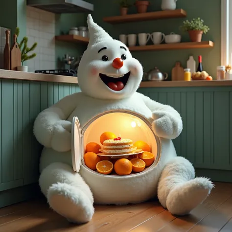 White cheerful laughing Snowman sits in the corner of the kitchen stretched his legs on the floor, in the fat belly the door is open, inside there are oranges, champagne, cake, against the background of the kitchen, high detail, cinematic, realistic, backl...