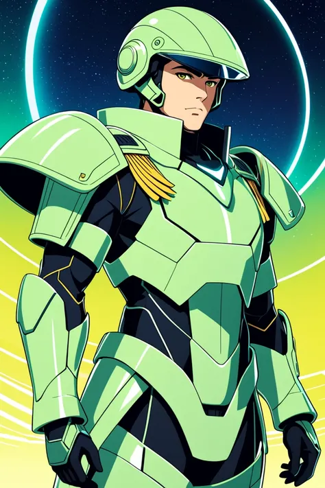 A male human officer, with a muscular build. He is wearing an helmet shaped as a squid. He is wearing a simple armor in a greenish color with minimalist futuristic details, featuring big epaulets colored yellow. The style is futuristic anime. The setting i...