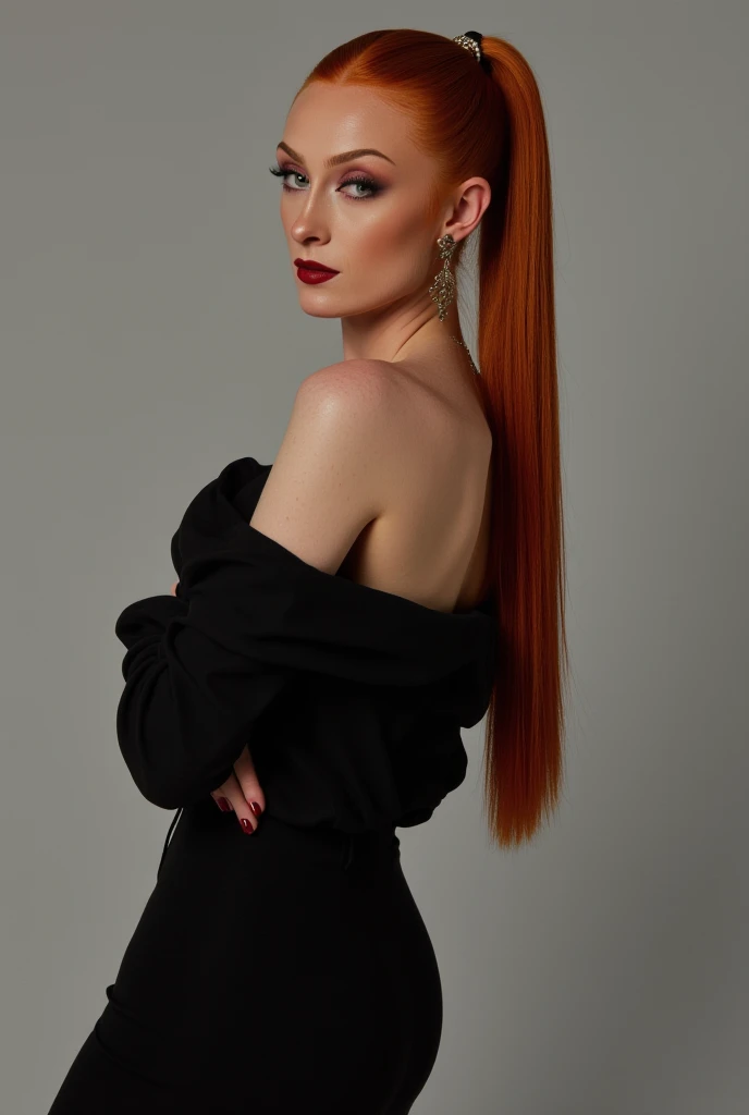 a very realistic and detailed photo of french woman model, black skirt, high heels , cleavage, perfect makeup, long straight sleek ponytail red detailed hair, high quality, photorealistic, 8k, luxury, elegant, sophisticated, confident, piercing eyes, full ...