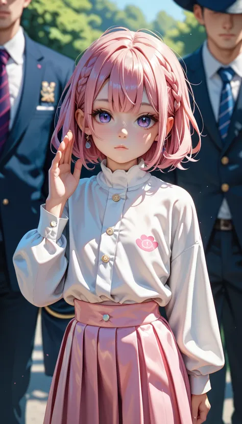  top quality , high res,perfect face, Japanese, short,Petite,ChibiRoli,Young girl,,Completely expressionless,,Indifference,Absent-minded face,, cute faces , shiny skin,ren&#39;s clothing,whole body,salute