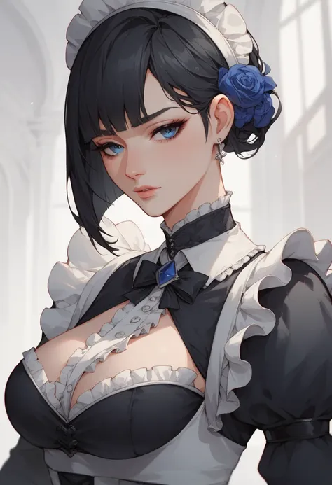 
 Maid with an tired look and a tender face with long straight black hair, mechas azules, cabello suelto, with bangs,  blue eyes, PIEL BLANCA,  low-cut sirvienta clothing ,  gothic city environment ,  illustration style, cartoons, pechos grandes