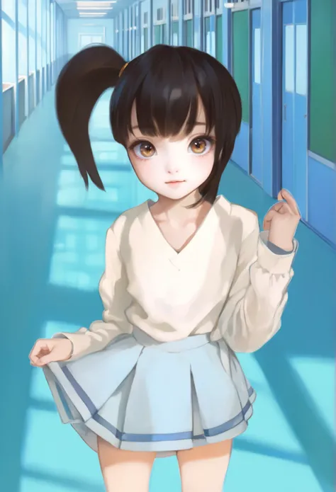 8K, best quality, ((7yo girl)), cute, ((flat chest like a boy)), (shiny black hair worn in a side ponytail), perfect hair, dark brown eyes, (Petite body:1.2), slender arms, small waist, lean legs, narrow hips, detailed, intricate, big eyes, beautiful light...