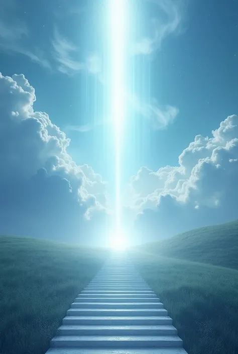  sky with clouds and a beam of light illuminating a path, steps on the path 