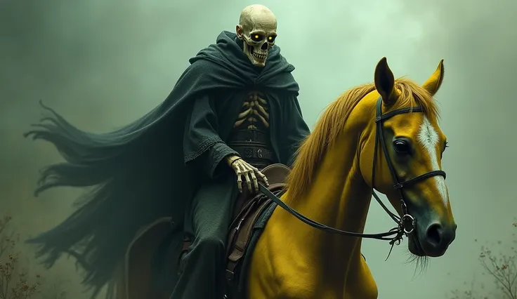 A tall, skeletal man in his mid-30s, of Slavic descent, with pale skin, hollow cheeks, and piercing yellow eyes, rides a sickly yellow horse. His skin is decayed, with a hint of supernatural aura surrounding him. He wears dark, tattered robes, and carries ...