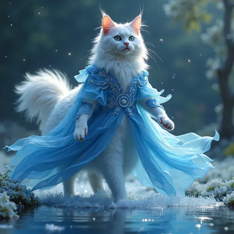 Une représentation artistique dune magnifique  d un chat  maine coon aux détails minutieux , avec un maquillage complexe, surréaliste, vêtus dune tunique bleu et blanche, de fils blanc à lélégance complexe, créant un effet visuel captivant et surréaliste. ...