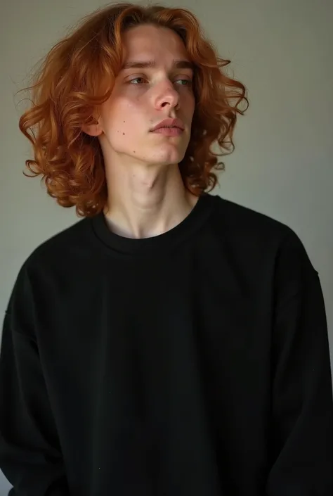 Black sweatshirt mock-up. gay man with long curly ginger hair and light brown eyes wearing an black blank sweatshirt. He has his head tilted to one side as if hes just young adult male looking at something off-screen. In the style of Virgil Abloh photograp...