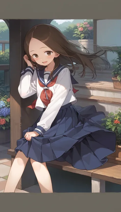 score_9, score_8_up, score_7_up, source_anime, (masterpiece), best quality, expressive eyes, perfect eyes, perfect face, 1girl, {looking at viewer}, garden, outdoors, takagi-san, takagi, brown hair, brown eyes, long hair, white serafuku, blue stripes, blue...