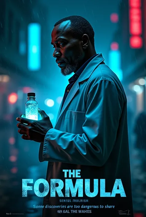 Create a visually striking movie poster for a psychological thriller set in modern Nigeria. The central figure is a brilliant, eccentric Nigerian scientist in his late 40s, wearing a futuristic yet rugged lab coat, holding a glowing serum vial with a faint...