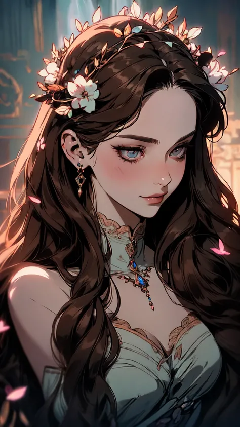 hyper-realistic  of a mysterious woman with flowing black-brown hair, piercing opal eyes, and a delicate floral crown, delicate smile,  upper body