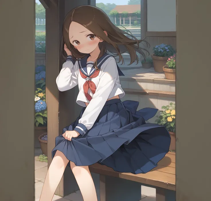 score_9, score_8_up, score_7_up, source_anime, (masterpiece), best quality, expressive eyes, perfect eyes, perfect face, 1girl, {looking at viewer}, garden, outdoors, takagi-san, takagi, brown hair, brown eyes, long hair, white serafuku, blue stripes, blue...