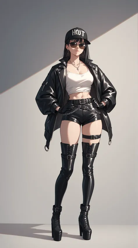  extra long platform thigh-high boots　Full body painting　cap black short leather jacket　 necklace　 black leather hotpants 　 thick belt　Black gloves　 necklace　 large belt buckle　Tall, long-legged woman　Chain wallet 　 long black hair 　 sunglasses　Hands on hi...