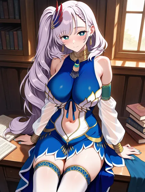 READ DESCRIPTION, pavolia reine, ReineBase, bright pupils, long hair, side ponytail, feather hair ornament, blue dress, navel cutout, detached sleeves, earrings, white thighhighs,masterpiece,best quality,amazing quality,very aesthetic,absurdres,newest,