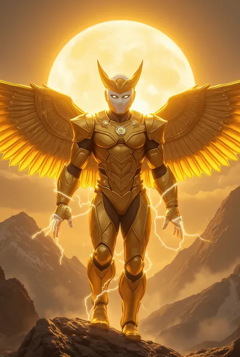 A Hero man , golden armor and light , technological,  behind it has a circle resembling the Sun ,  he has a technological white crown and a gold mask,  around him there are electrical rays ,  in the background a mountain chain ,  his hands are raised , He ...