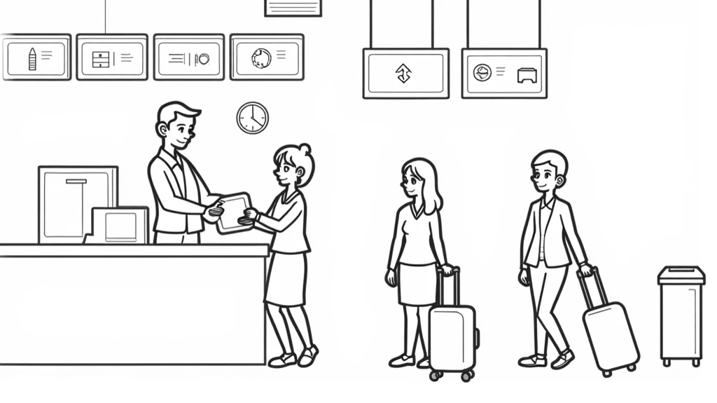 cartoon illustration of an airport cafeteria with people queuing to buy food or drinks. In front of the cashier is a flight attendant, wearing a uniform consisting of a red skirt and a jacket. Behind the flight attendant, there is another woman holding a g...