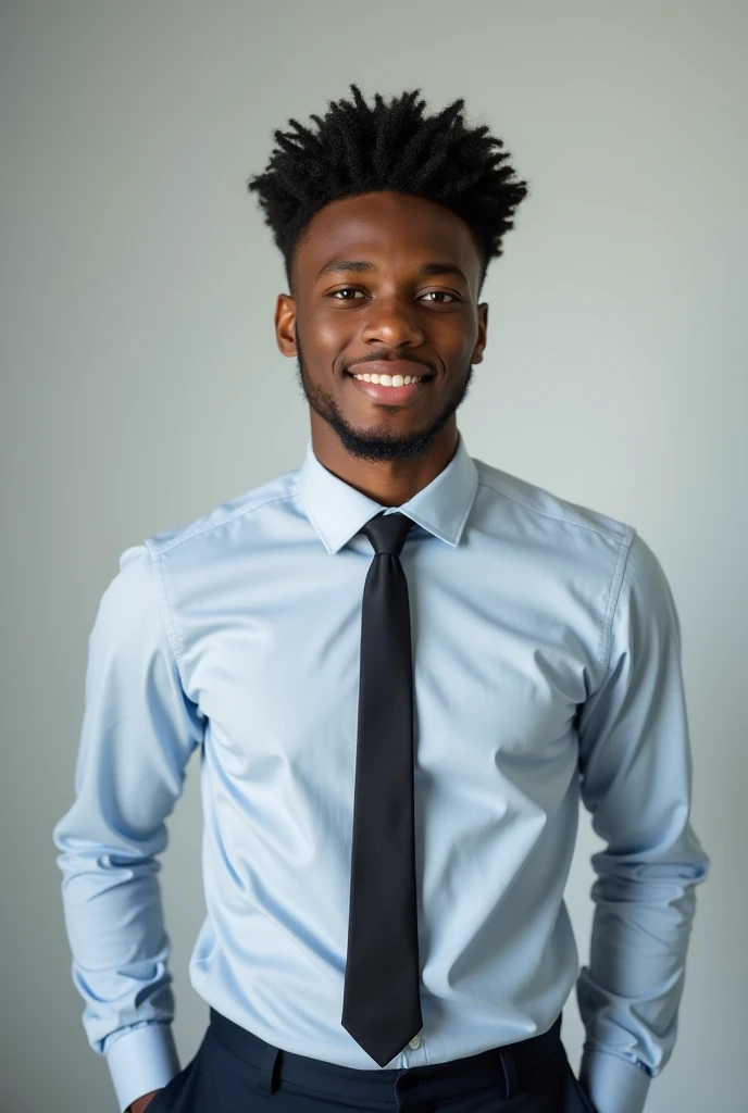 A 22 year old Black American boy with a slim face and a down cut afro hair style wearing formals posing for Linkedin background 